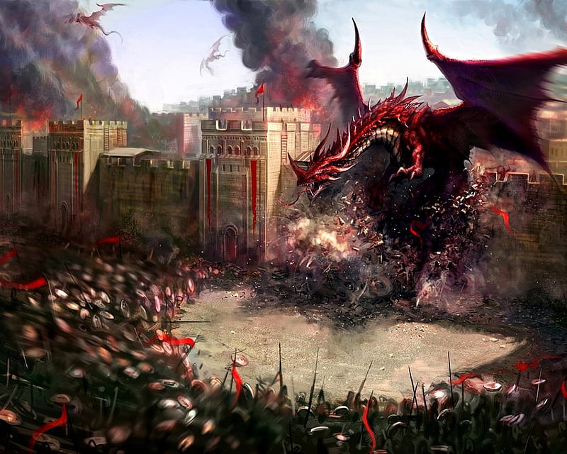 Dragons Attacks The Castle, army, castle walls, smoke, dragons, HD wallpaper