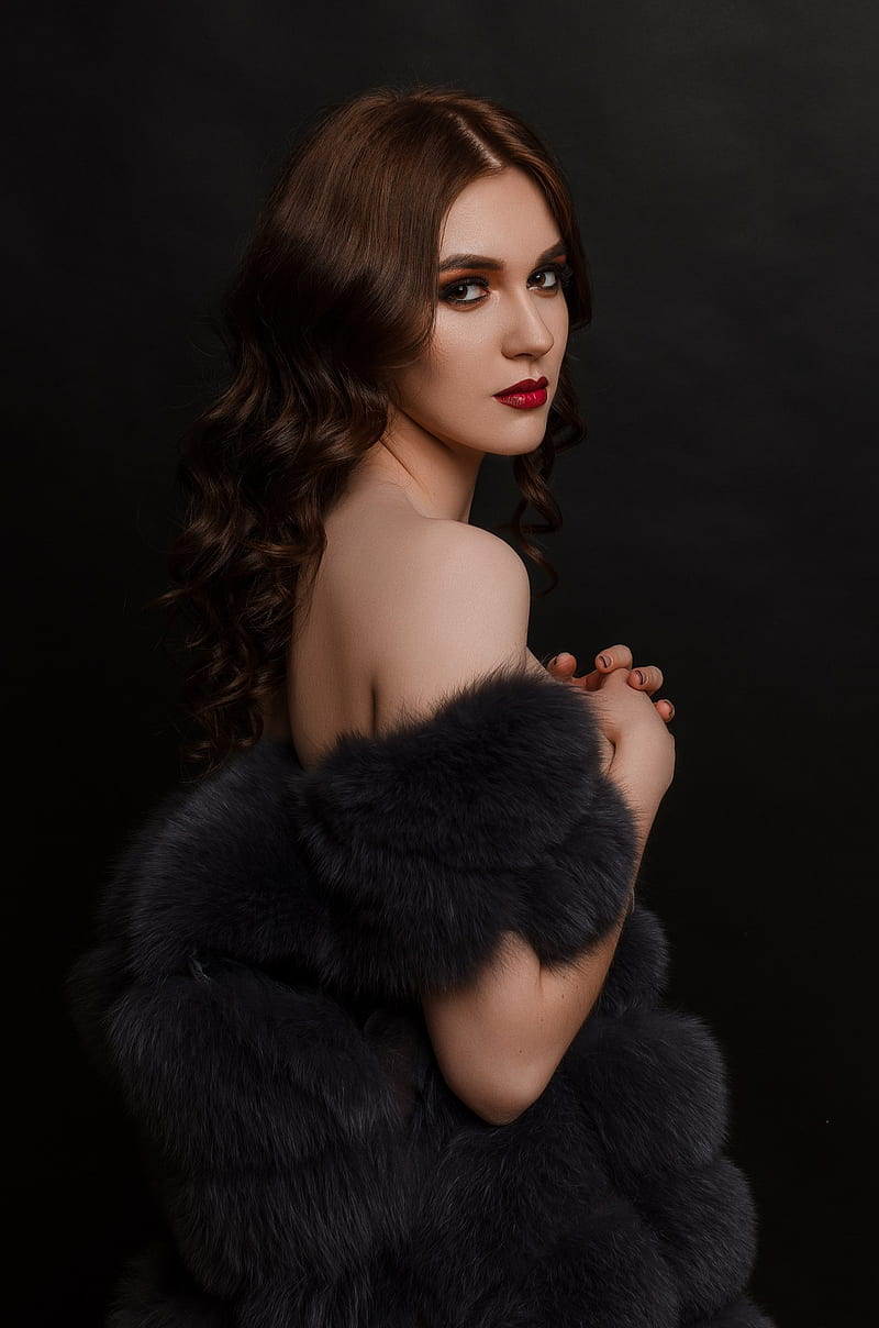 Artemy Mostovoy, portrait, women, model, red lipstick, bare shoulders, fur coats, looking over shoulder, glamour, black coat, coats, brunette, HD phone wallpaper