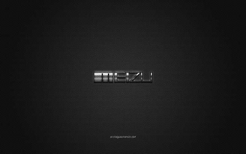 Meizu logo, silver shiny logo, Meizu metal emblem, for Meizu smartphones, gray carbon fiber texture, Meizu, brands, creative art, HD wallpaper