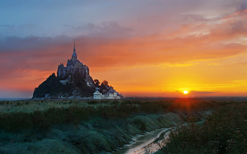 Religious, Mont Saint-Michel, France, Sunset, HD wallpaper