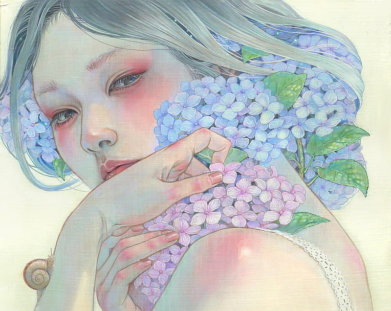 Hydrangea, art, luminos, draw, fantasy, girl, green, hand, flower, asian, mihohirano, pink, blue, HD wallpaper