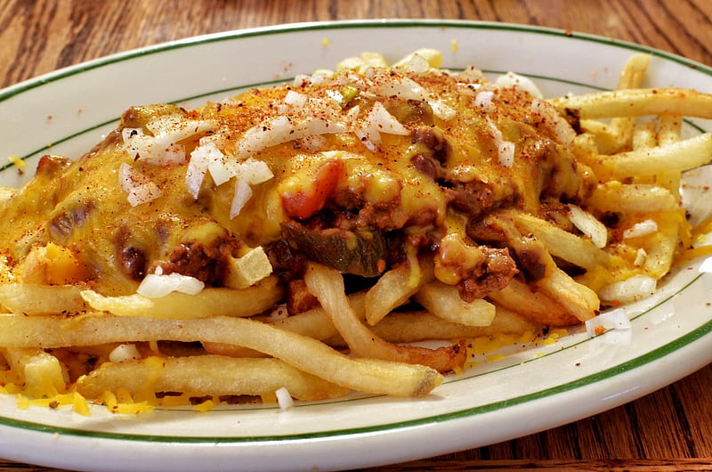 Fries With Chili And Cheese, Cheese, Onions, Chili, Fries, Abstract, graphy, HD wallpaper
