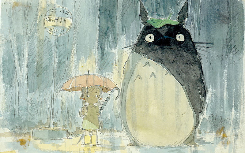 My Neighbour Totoro In Watercolour, bus stop, girl, raining, umbrella, neighbor, my neighbour totoro, HD wallpaper