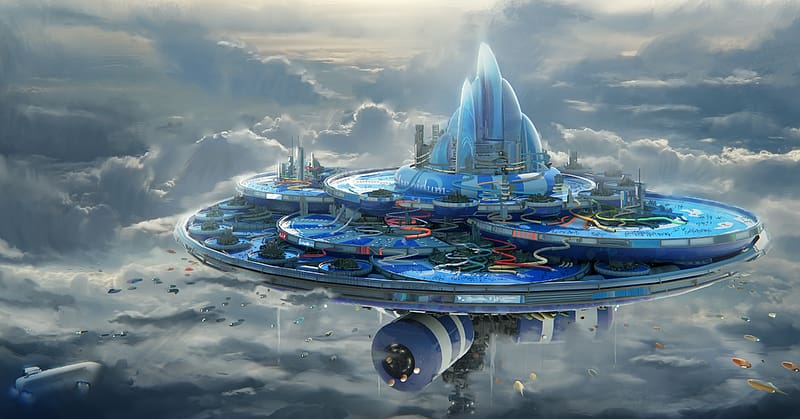 City, Sci Fi, Cloud, Aircraft, Futuristic, Floating Island, HD wallpaper