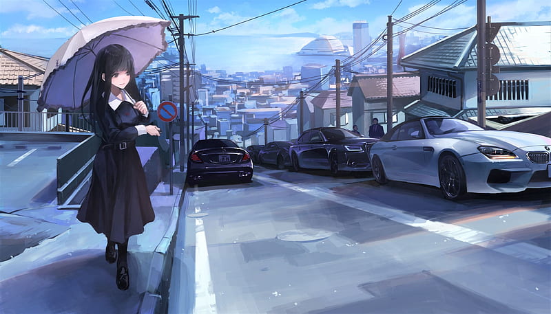 anime girl, luxury cars, umbrella, street, people, urban, buildings, scenic, Anime, HD wallpaper