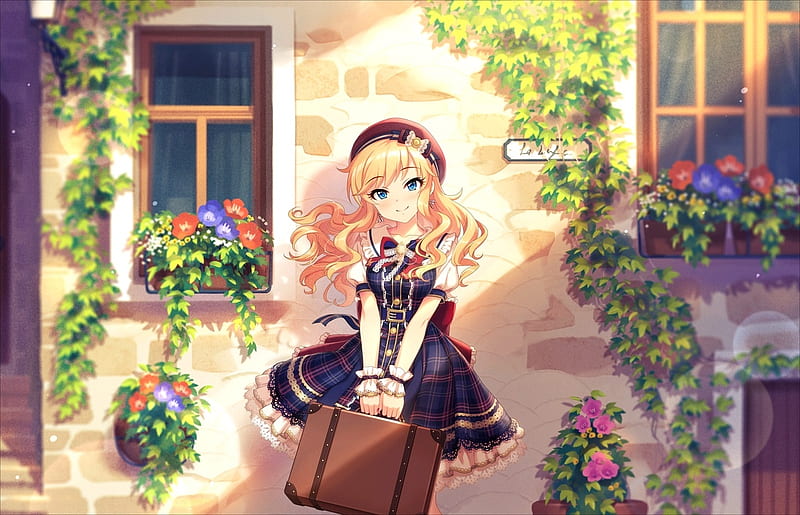 Luggage ..., pretty, dress, house, blond, home, bag, bonito, adorable, sweet, nice, anime, beauty, flowers, anime girl, long hair, lovely, female, luggage, window, gown, blonde, blonde hair, wall, hat, cute, kawaii, girl, plants, petals, lady, maiden, HD wallpaper