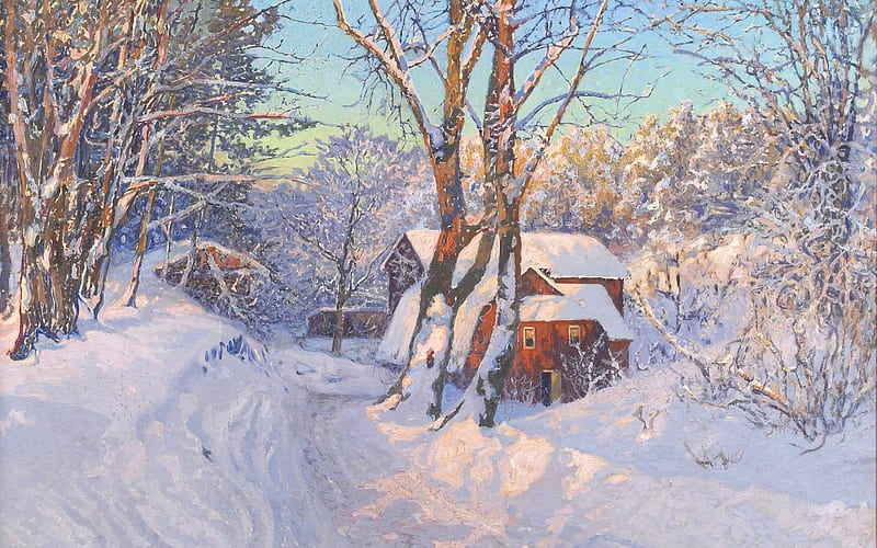 anselm saltzberg, mountain, anshelm schultz, swedish artist, winter landscape, winter wonderland, HD wallpaper