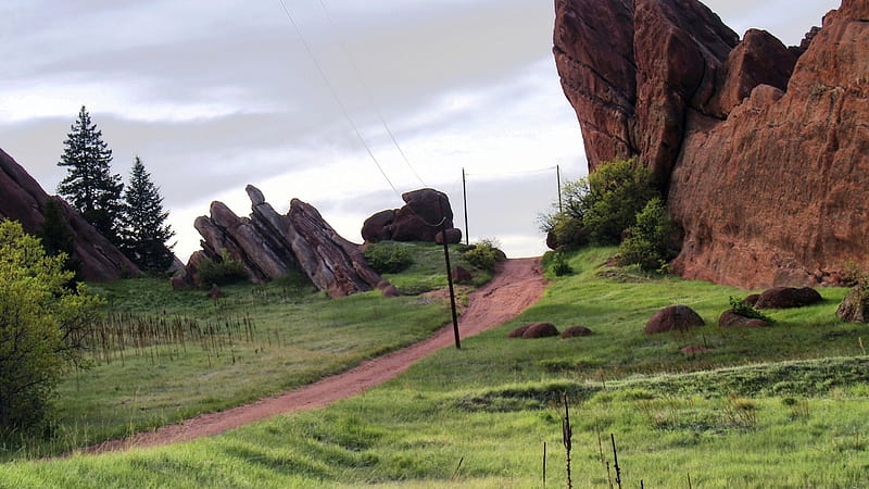 rocky cliff looming over dirt road, rocks, grass, cliff, road, hill, HD wallpaper