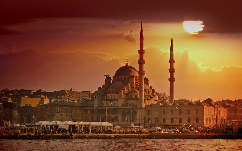 Istanbul, Mosque, New Mosque, landmark, sunset, evening, HD wallpaper