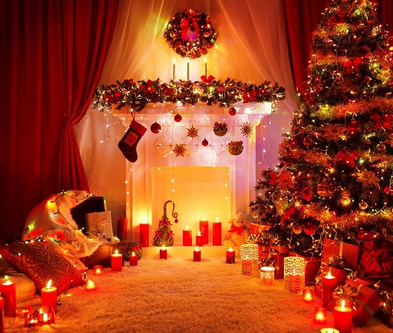 Merry Christmas, Christmas, tree, lights, candles, decor, HD wallpaper