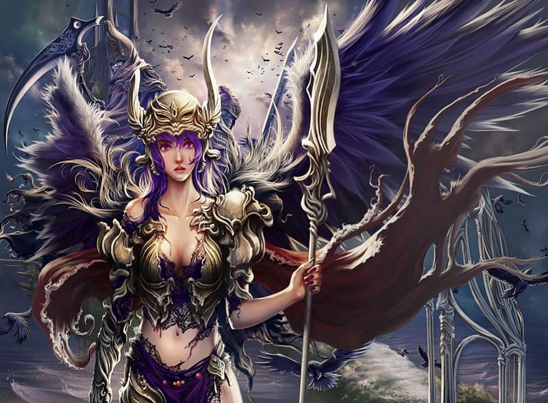 Angel Warrior, death, fantasy, scythe, spear, hot, female, wings, cloud, angel, purple hair, sky, sexy, armor, breasts, cool, bird, HD wallpaper