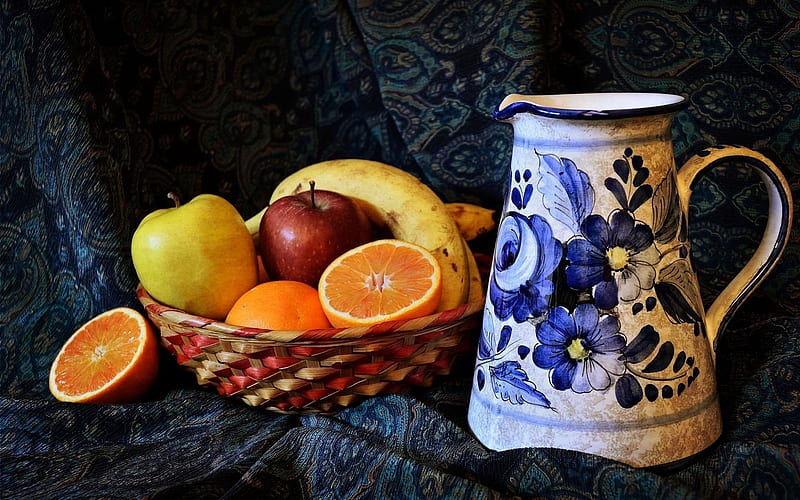 basket, apples, pitcher, oranges, HD wallpaper
