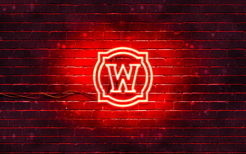 World of Warcraft red logo WoW, red brickwall, World of Warcraft logo, creative, World of Warcraft neon logo, WoW logo, World of Warcraft, HD wallpaper