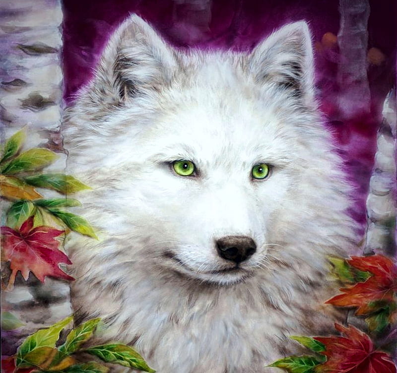 The White Wolf, autumn, leaves, head, painting, face, portrait, artwork, aspens, HD wallpaper
