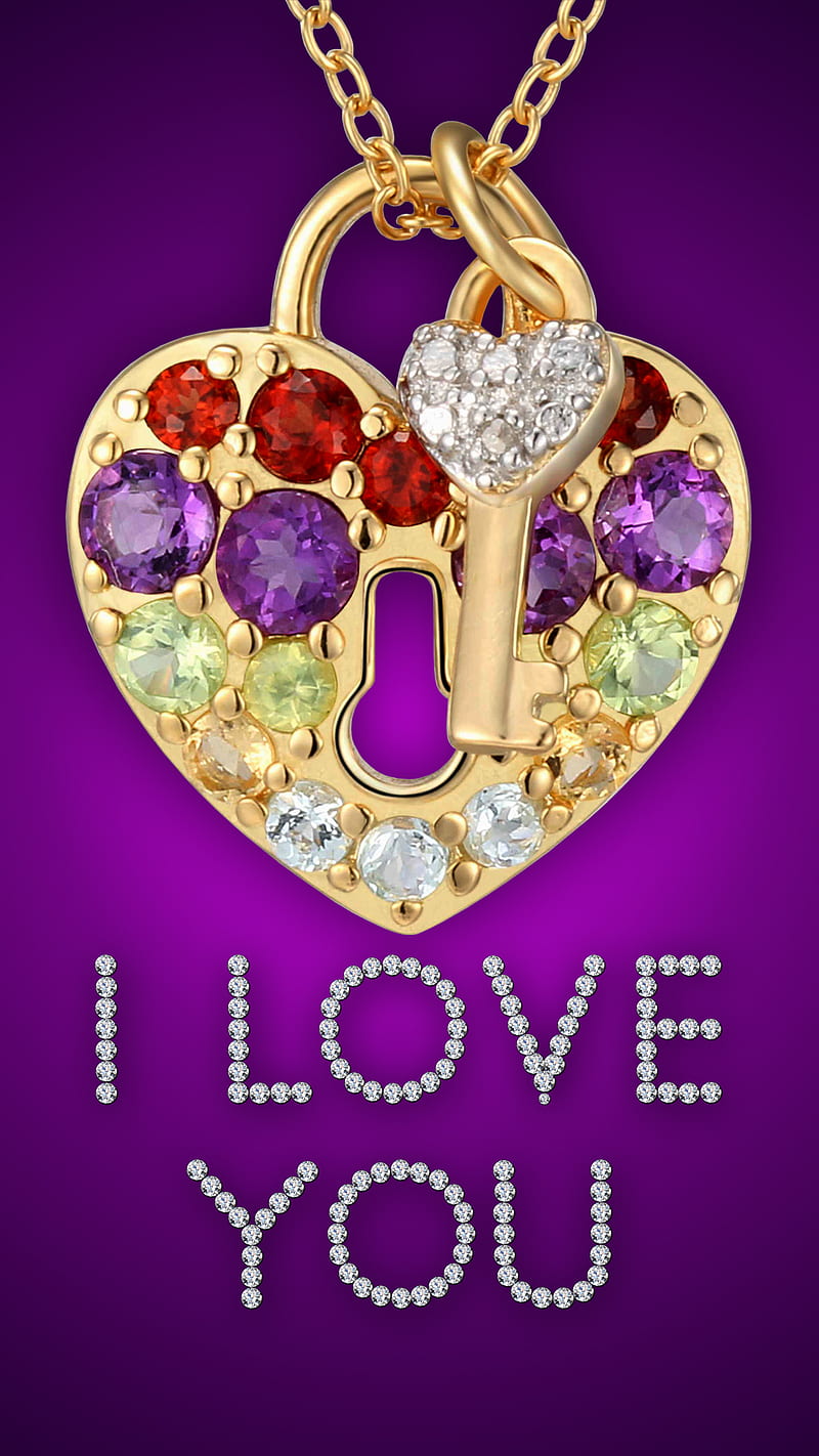 I Love You, diamonds, glamour, golden, heart, jem, key, lock, love, HD phone wallpaper