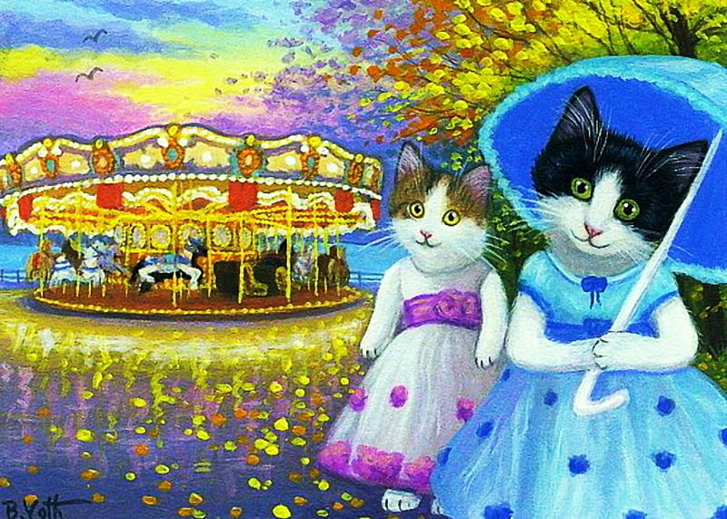 The Funfair, carousel, painting, umbrella, kitties, artwork, HD wallpaper