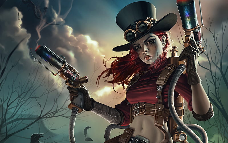Steampunk girl, art, fantasy, gun, luminos, girl, steampunk, hat, HD wallpaper