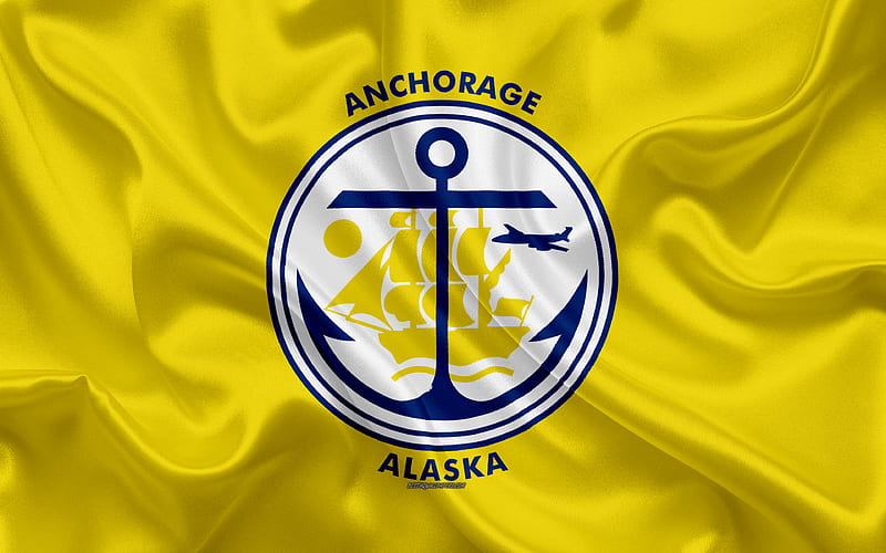 Flag of Anchorage silk texture, American city, yellow silk flag, Anchorage flag, Alaska, USA, art, United States of America, Anchorage, HD wallpaper