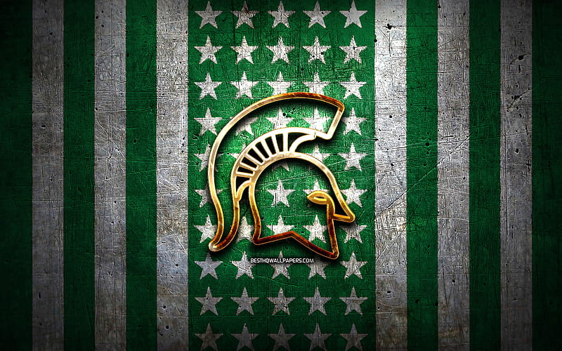 Michigan State Spartans flag, NCAA, green white metal background, american football team, Michigan State Spartans logo, USA, american football, golden logo, Michigan State Spartans, HD wallpaper