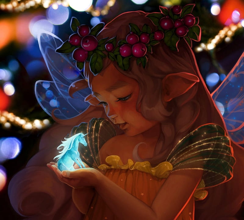 Baby fairy and the magic unicorn, tsvetka, wreath, baby fairy, little, luminos, craciun, christmas, elf, unicorn, fantasy, girl, berry, magical, hand, HD wallpaper