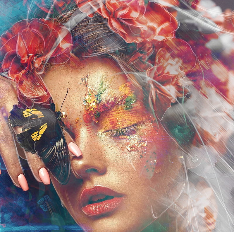 Inner peace by Aelise Davis, aelise davis, frumusete, fantasy, girl, butterfly, luminos, face, HD wallpaper