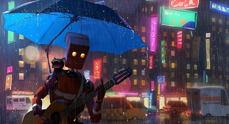 Sad Song, Song, Guitar, rain, Robot, Umbrella, Sad Alone, City, Raining, Cat, Digital Art, Night, HD wallpaper