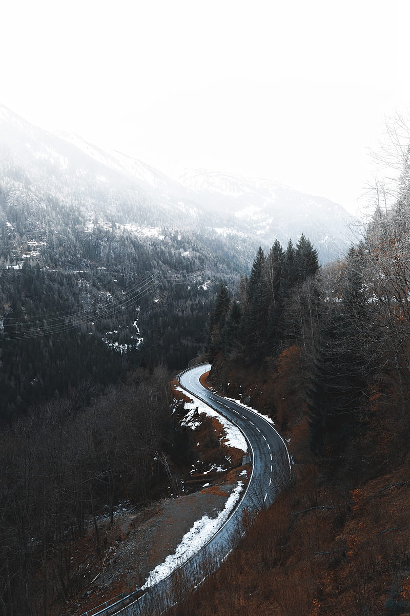 road, winding, trees, mountains, snowy, HD phone wallpaper