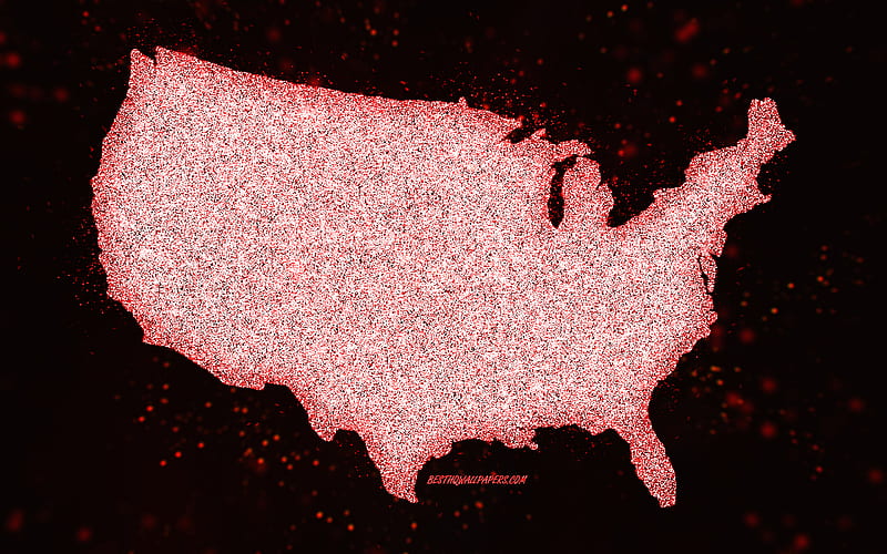 USA glitter map, black background, USA map, red glitter art, Map of USA, creative art, USA red map, USA, HD wallpaper