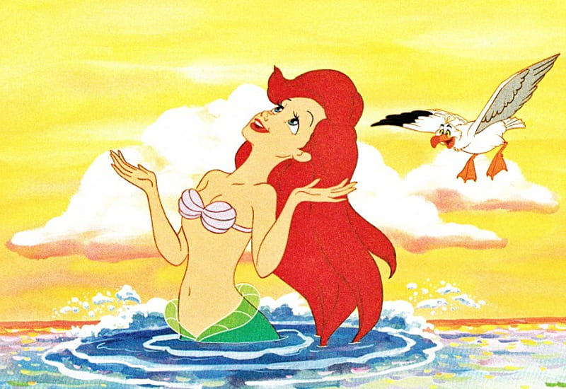 Ariel and Skuttle, Ariel, Sea, Sea Gull, The Little Mermaid, Clouds, Mermaid, Ocean, Skuttle, HD wallpaper