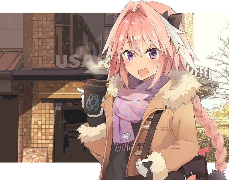 rider of black, fate apocrypha, pink hair, astolfo, coffee, winter, scarf, Anime, HD wallpaper