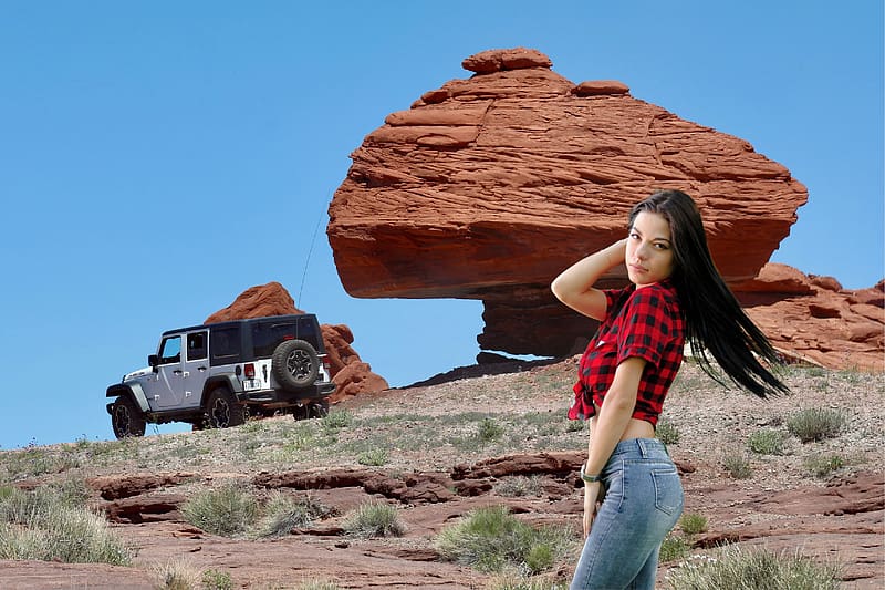 Checking out Rock Formation at Moab, Utah, rock, brunette, model, jeep, jeans, usa, HD wallpaper