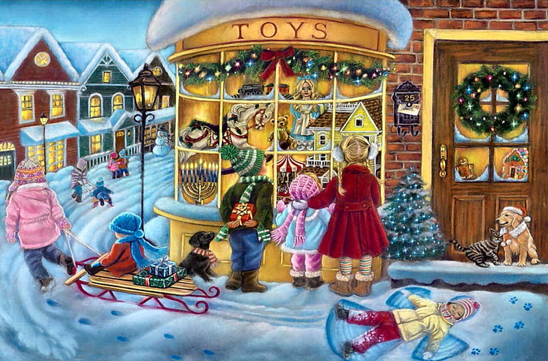 Toy Store F2Cmp, Christmas, December, children, illustration, artwork, canine, toy store, painting, wide screen, scenery, dog, art, holiday, pets, cat, feline, occasion, HD wallpaper