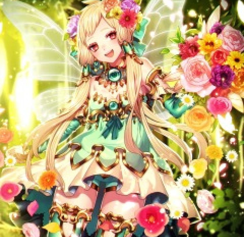 Flowered Fairy, red, pretty, colorful, dress, yellow, bonito, woman, sweet, fantasy, butterfly, green, anime, flowers, beauty, anime girl, long hair, pink, fairy, blue, art, forest, female, wings, lovely, smile, blonde hair, cute, girl, bouquet, fairy wings, lady, HD wallpaper
