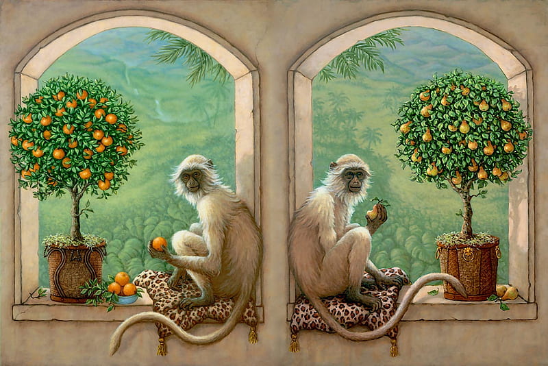 Monkey Orange and Pear Trees, art, monkeys, bonito, illustration, artwork, animal, primates, painting, wide screen, wildlife, Kruskamp, HD wallpaper