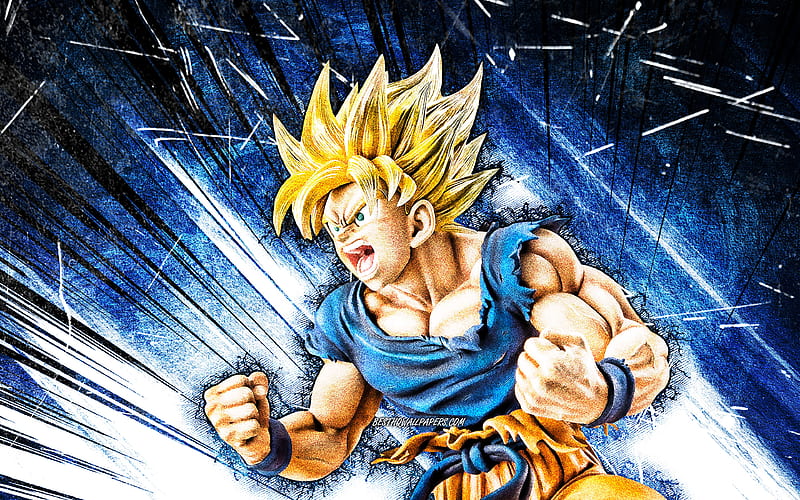 Download wallpapers Golden Goku, blue neon lights, 3D art, 4k