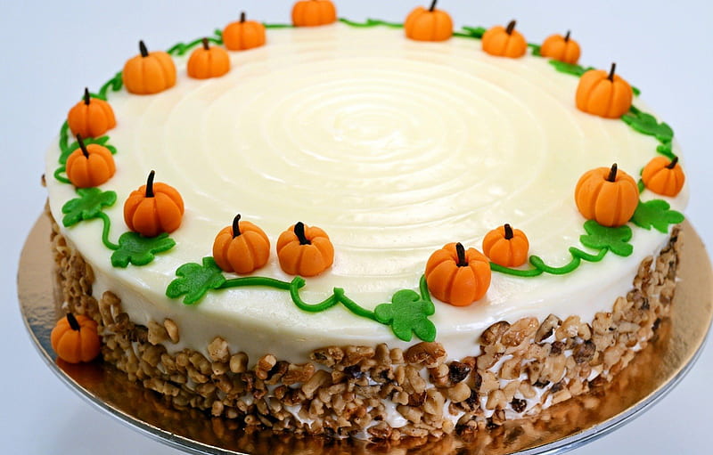 Halloween cake for you, cake, orange, food, halloween, ginger, chocolate, sweet, dessert, fruit, nuts, green, pumpkin, white, cream, HD wallpaper