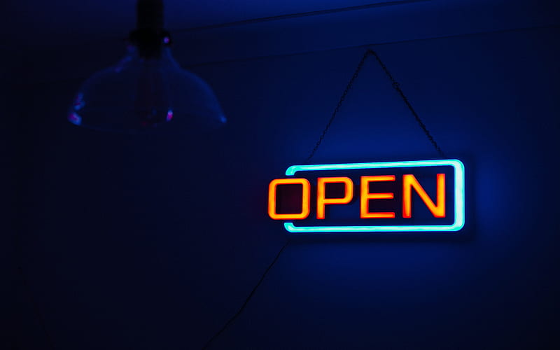 Open, neon sign, evening, light, neon, open concepts, blue background, HD wallpaper