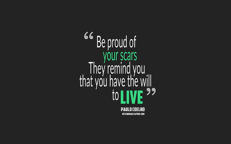 Be proud of your scars They remind you that you have the will to live, Paulo Coelho quotes quotes about fears, motivation, gray background, popular quotes, HD wallpaper