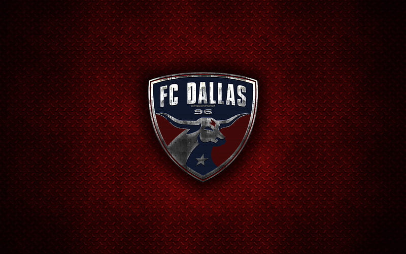FC Dallas metal logo, creative art, American soccer club, MLS, emblem, red metal background, Frisco, Texas, USA, football, Western Conference, Major League Soccer, HD wallpaper