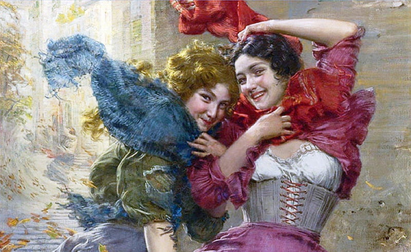 Painting, colorful, artist, art, bonito, women, happy, young, two, Victorian era, people, painter, girls, Gaetano Bellei, vintage, HD wallpaper