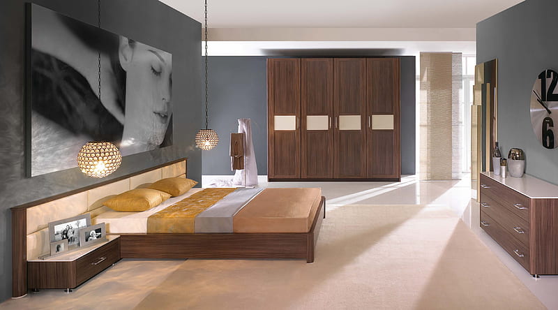 Modern bedroom with , gris, closet, bed, lights, HD wallpaper
