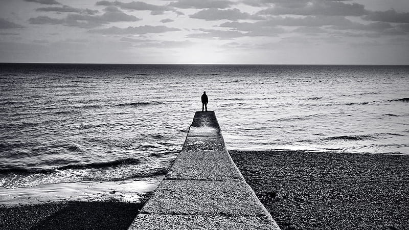 Look at the Sea, man, black n white, sea beach, lonly, HD wallpaper