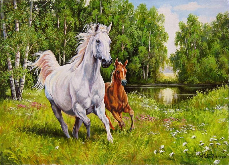 Elena Samarskaya . : On will. 2011 year., art, grass, horse, run animal, elena samarskaya, tree, painting, nature, HD wallpaper