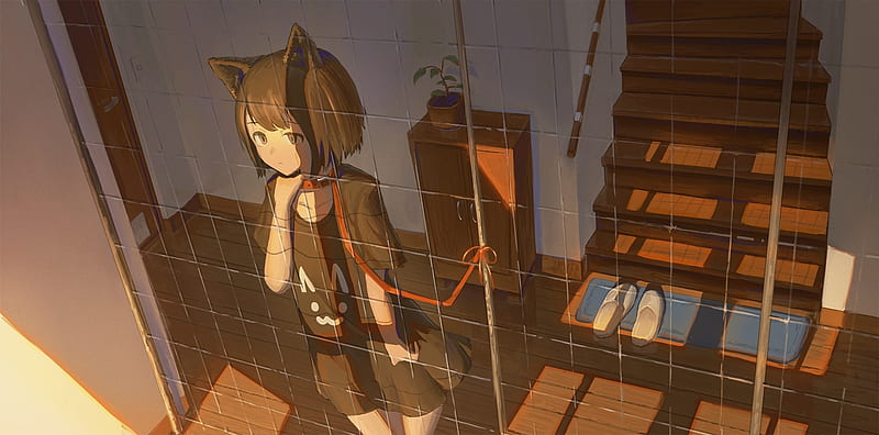 anime cat girl, short black hair, animal ears, stairs, Anime, HD wallpaper