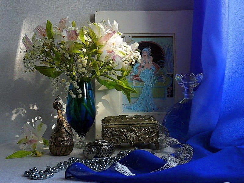Lily elegance, bottle, vase, lilies, silver, jewellry, light, royal blue, HD wallpaper