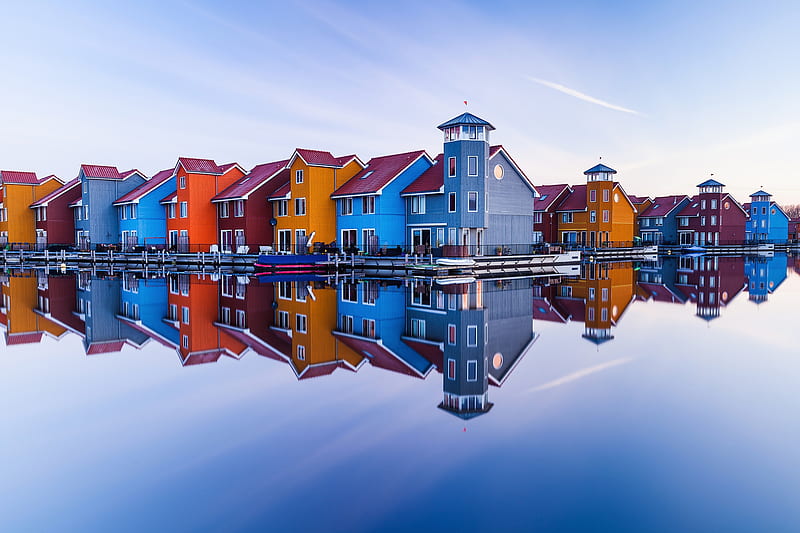 The Netherlands ~ the city of Groningen, house, orange, the netherlands, city, water, groningen, reflection, white, blue, HD wallpaper