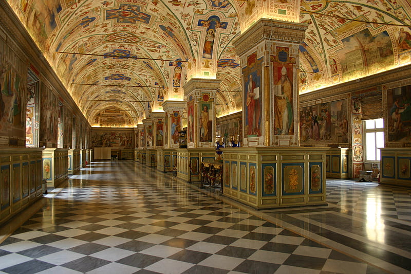 Library Vatican, floor, library, decorations, splendour, ceiling, tiles, HD wallpaper