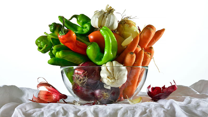 Food, Vegetables, Carrot, Garlic, Onion, Pepper, HD wallpaper