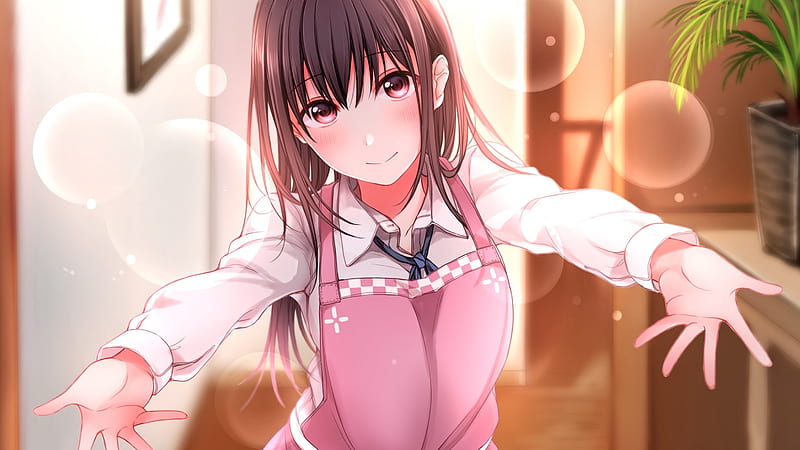 pretty anime girl, welcome home, hug, brown hair, apron, Anime, HD wallpaper