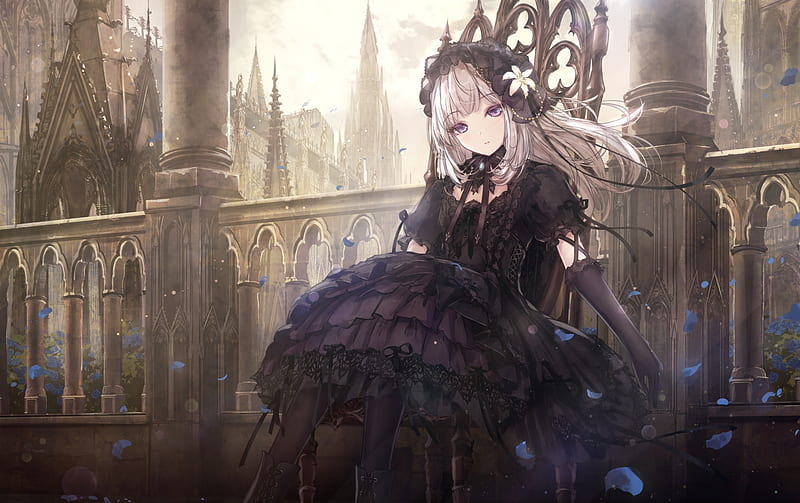 gothic anime girl, lolita, throne, castle, purple eyes, artwork, Anime, HD wallpaper